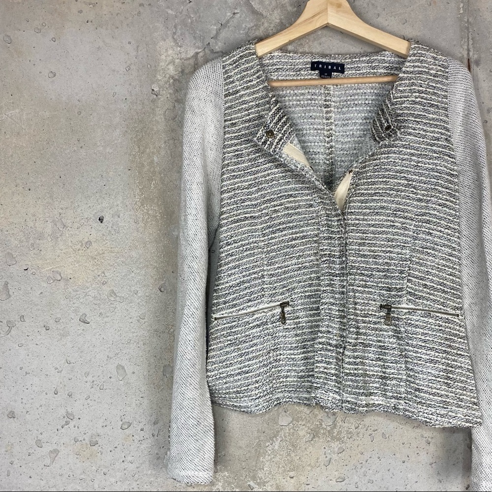 Tribal white gray black metallic gold marled tween knit button up cardigan